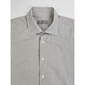 Canali Size 44 17.5 (US Large) Men Beige Black Camel Miniature Check Shirt Italy